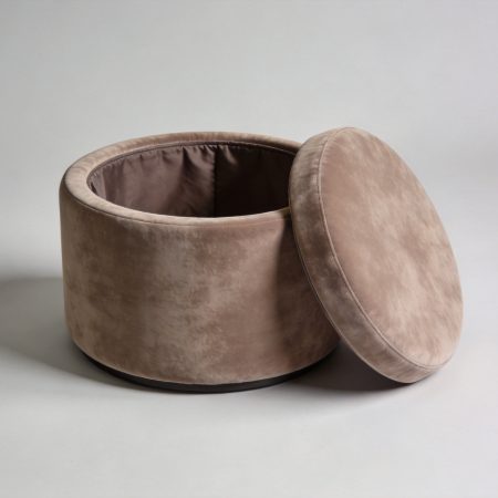 Round Faux Suede Storage Ottoman In Taupe